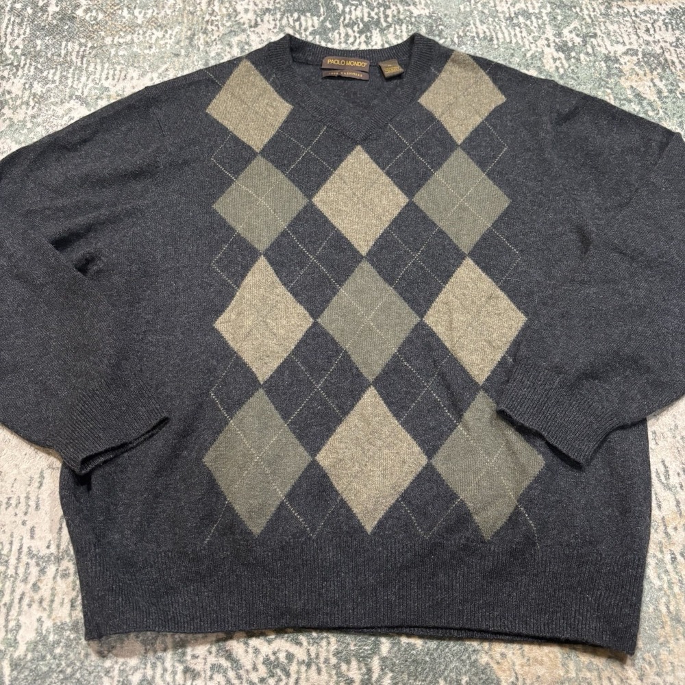 Paolo Mondo Mens XL 100% Cashmere V-Neck Argyle Sweater Old Money Preppy
